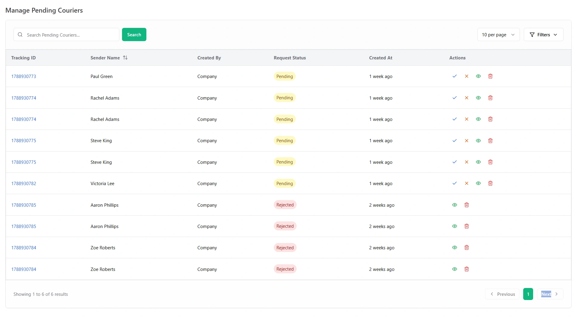 Manage Pending Couriers