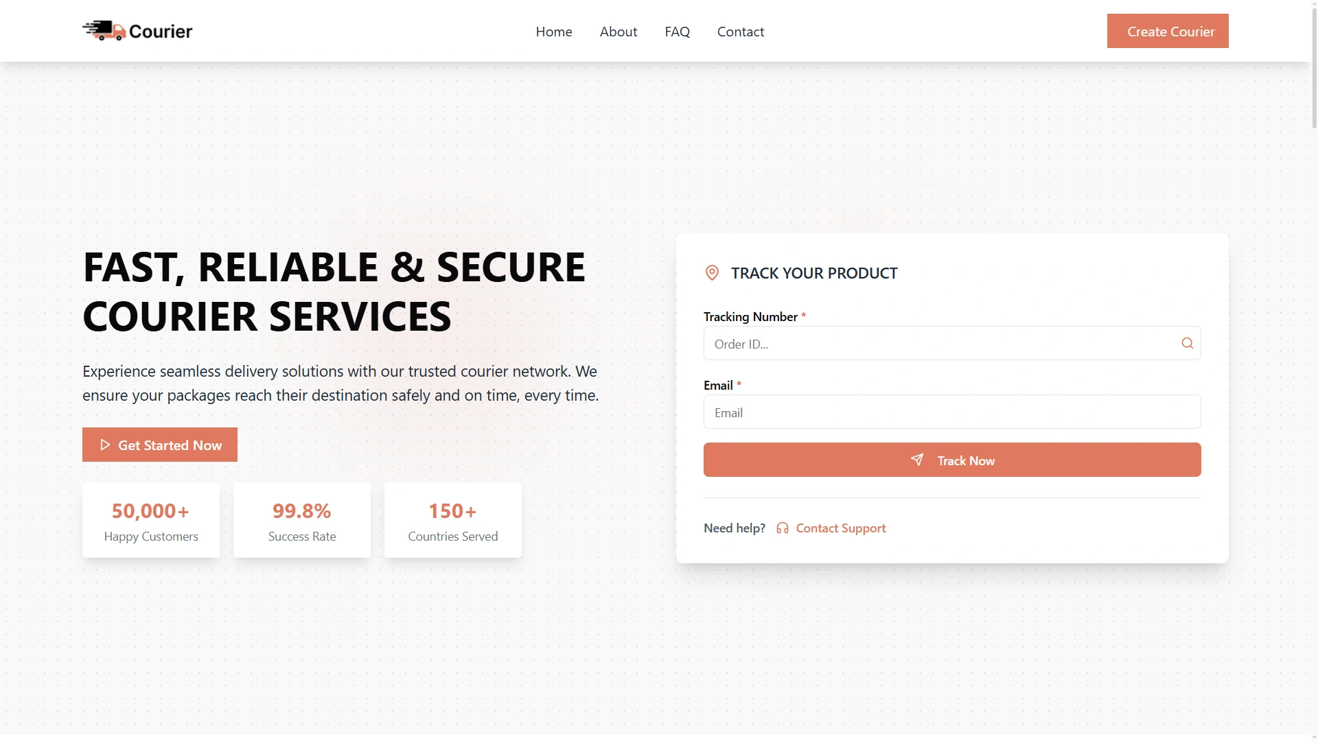 Courier website home page with parcel tracking form