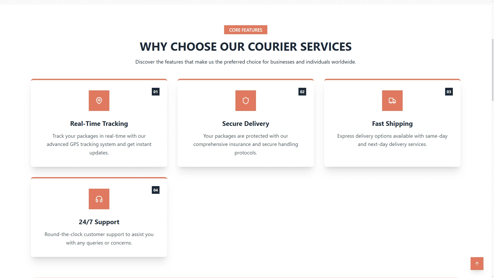 Courier website service highlights section