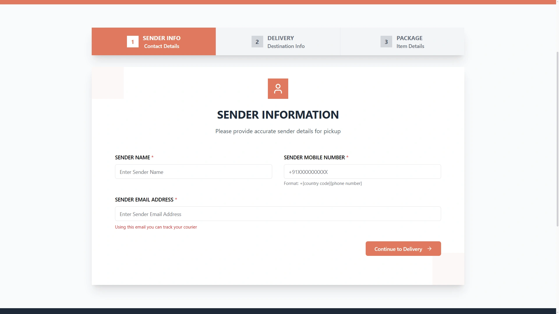 Online courier booking, sender information step