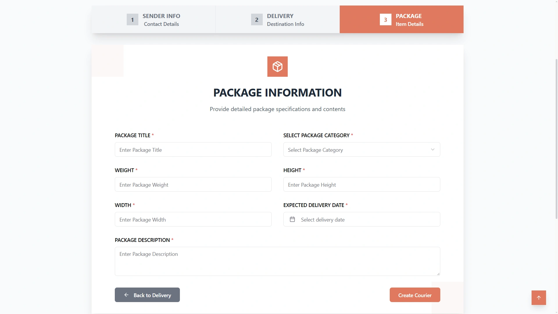 Online courier booking, package details step