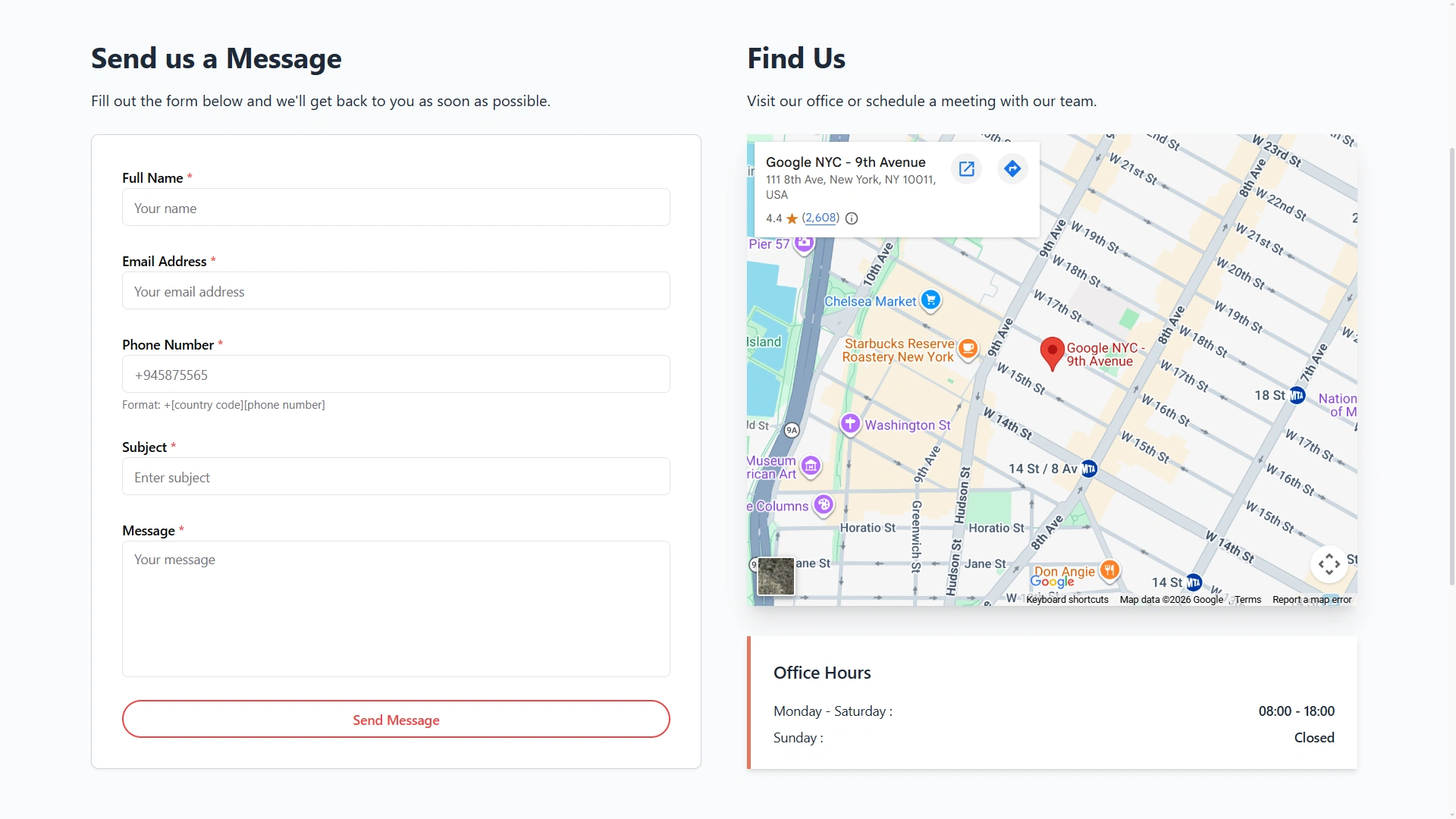 Courier website contact page with office details
