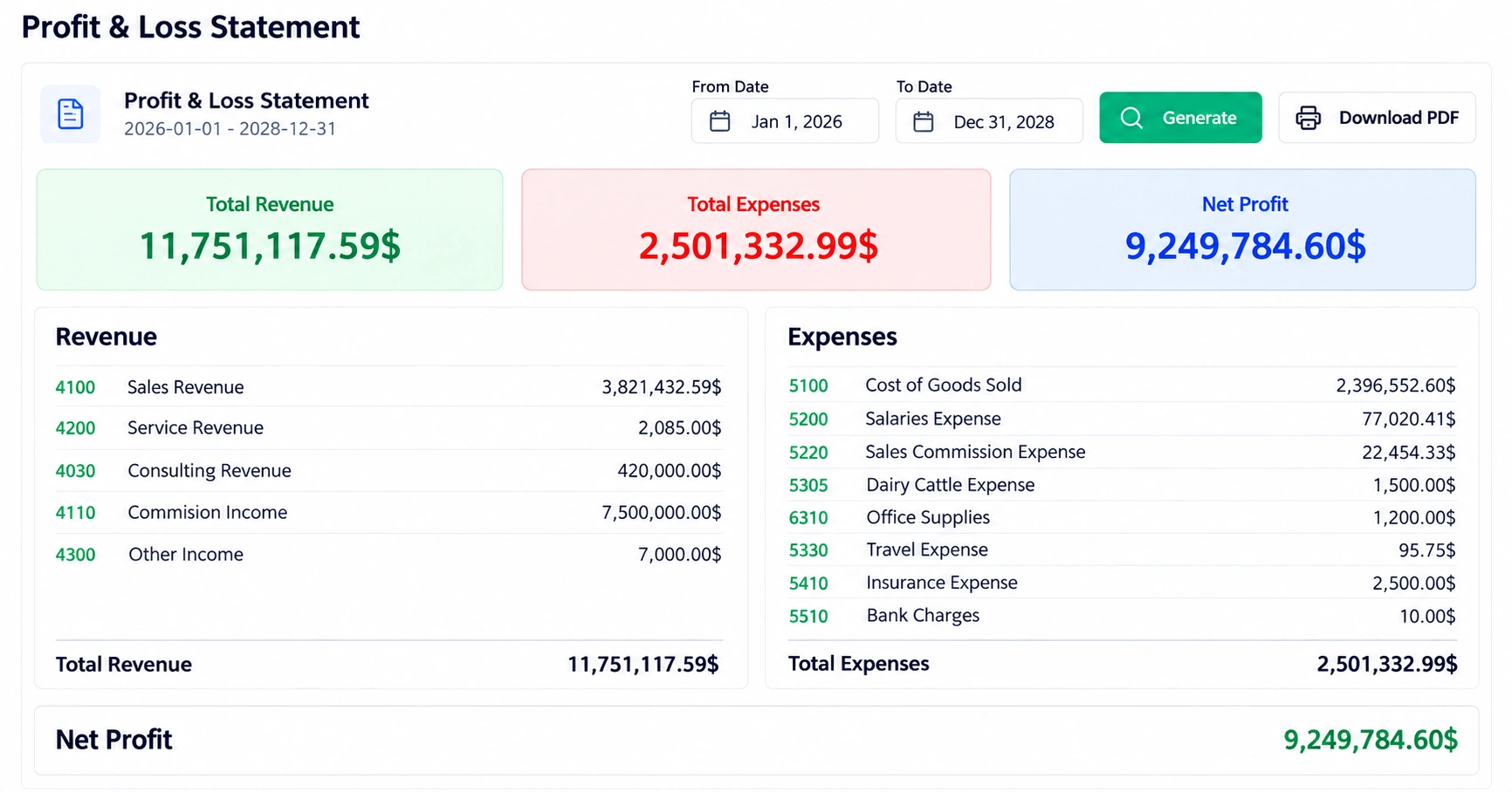 Hotel double-entry accounting ledger screen
