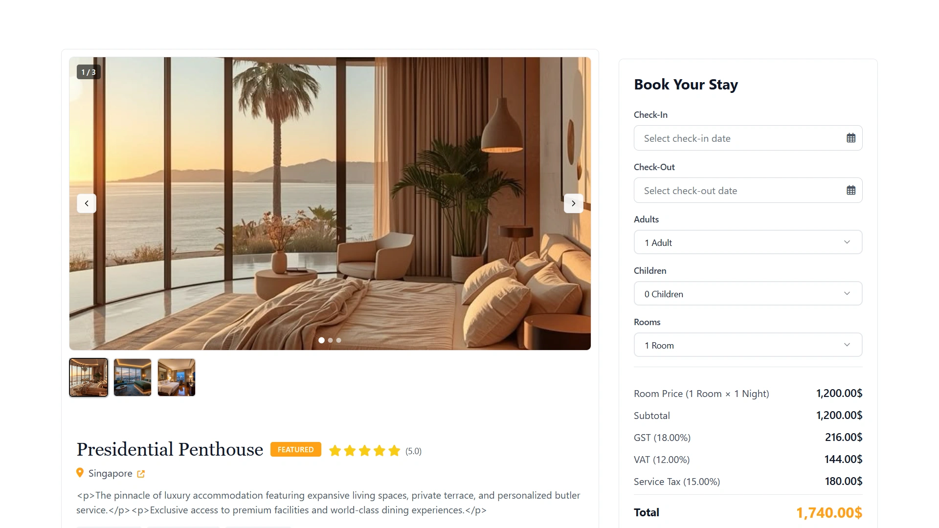 Direct Online Room Booking & Dates Selection