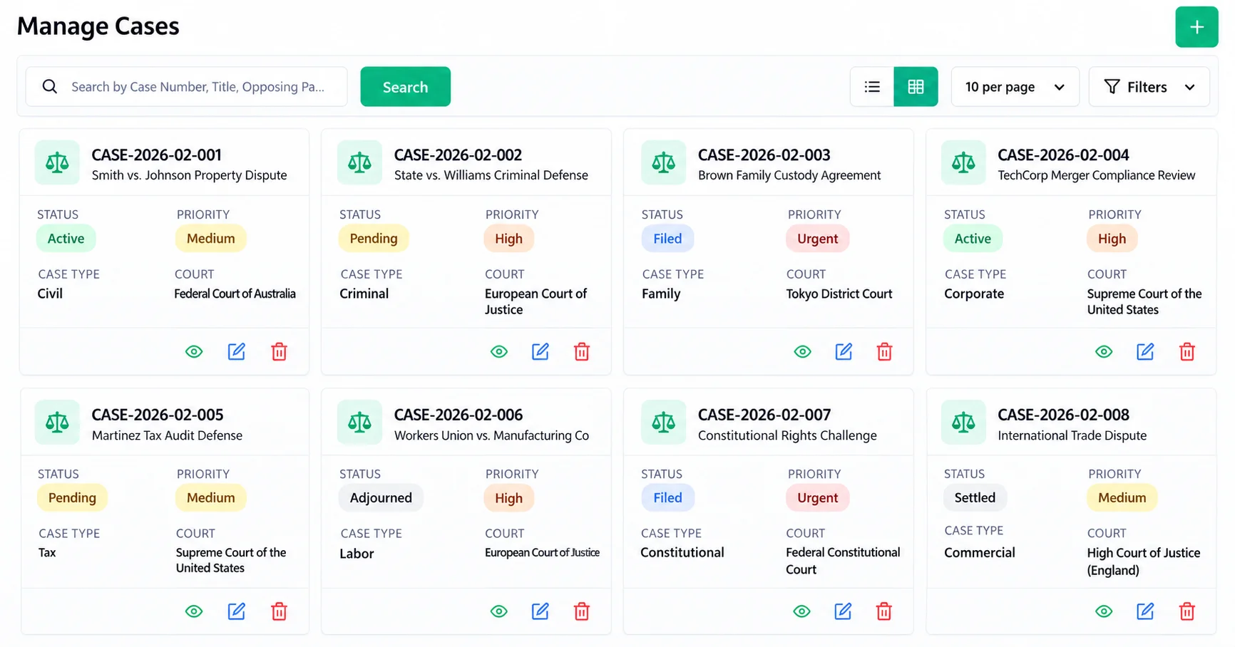Legal case list with case numbers, advocates, courts, case types, status and priority