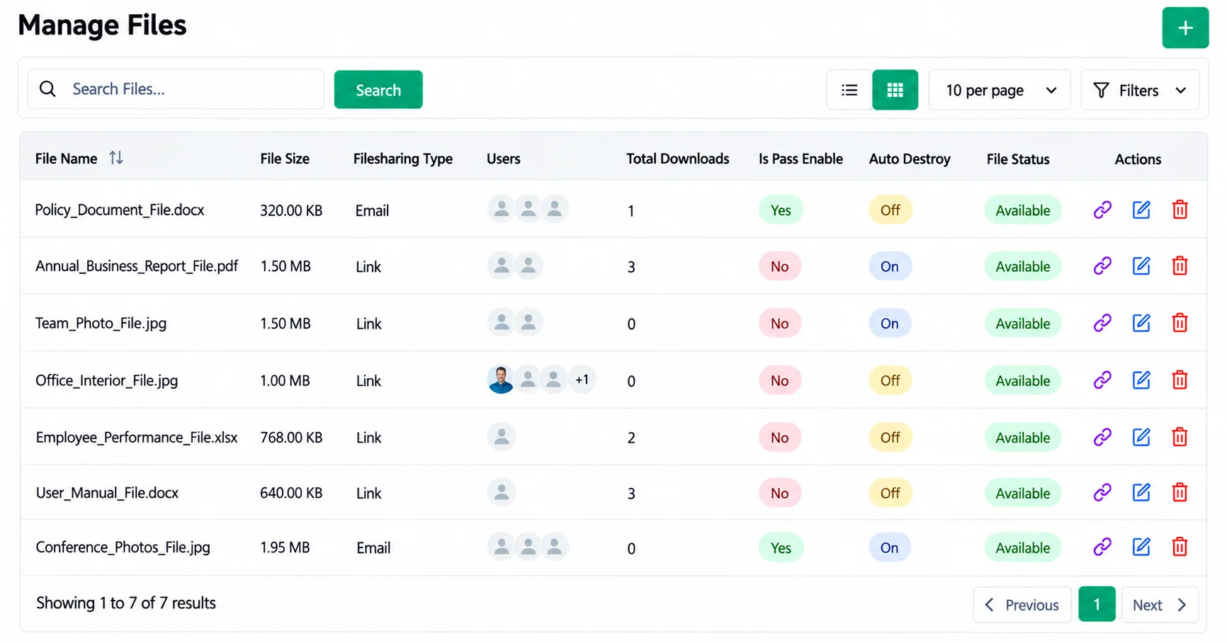 Create file form with shared link or email, password and auto destroy options