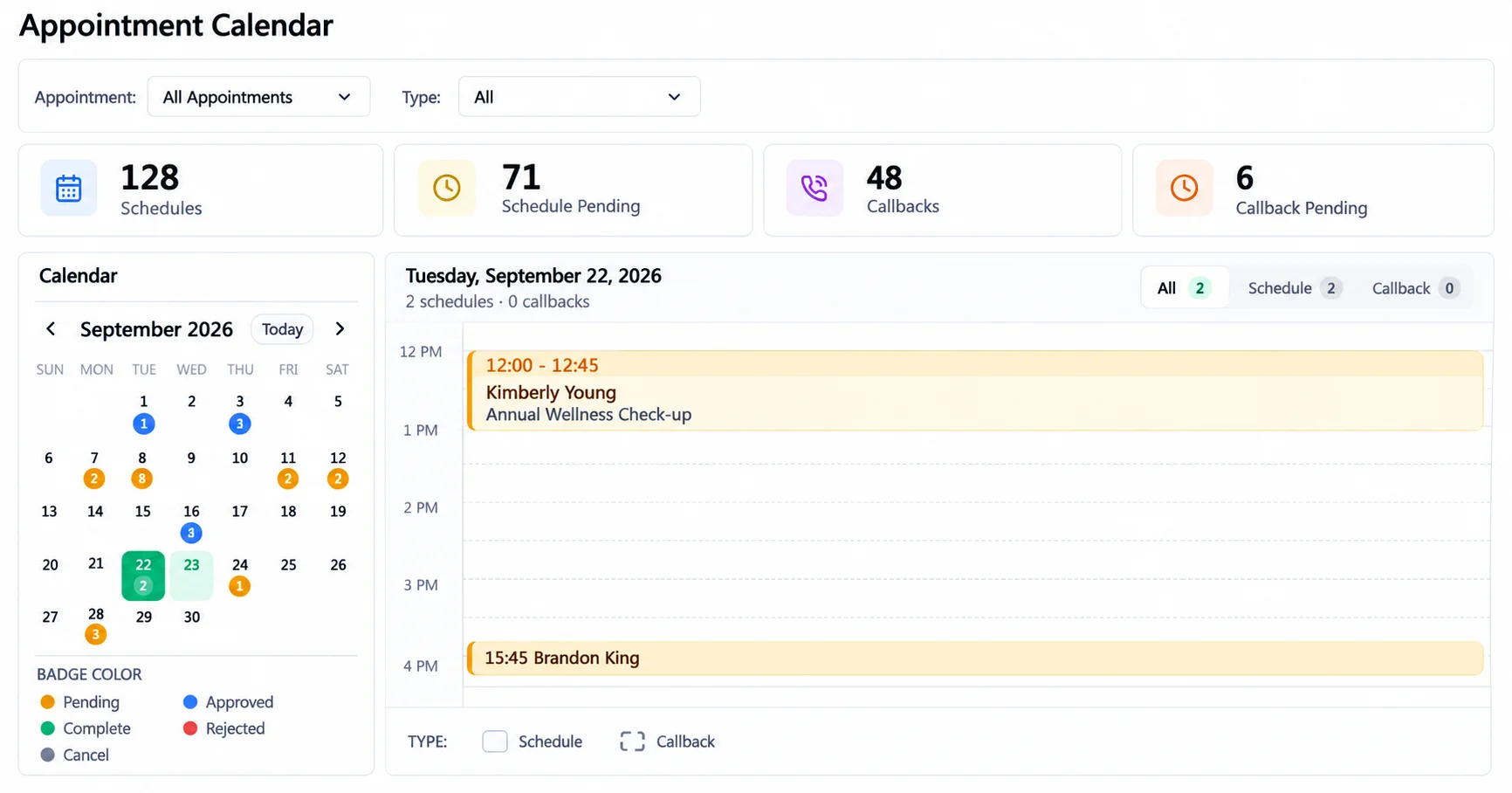 Appointment dashboard with approved, pending and rejected appointment requests