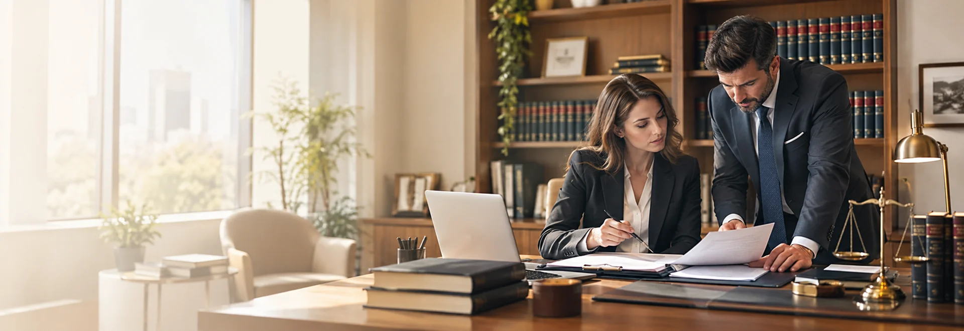 Lawyers reviewing case files together in a bright, modern law office