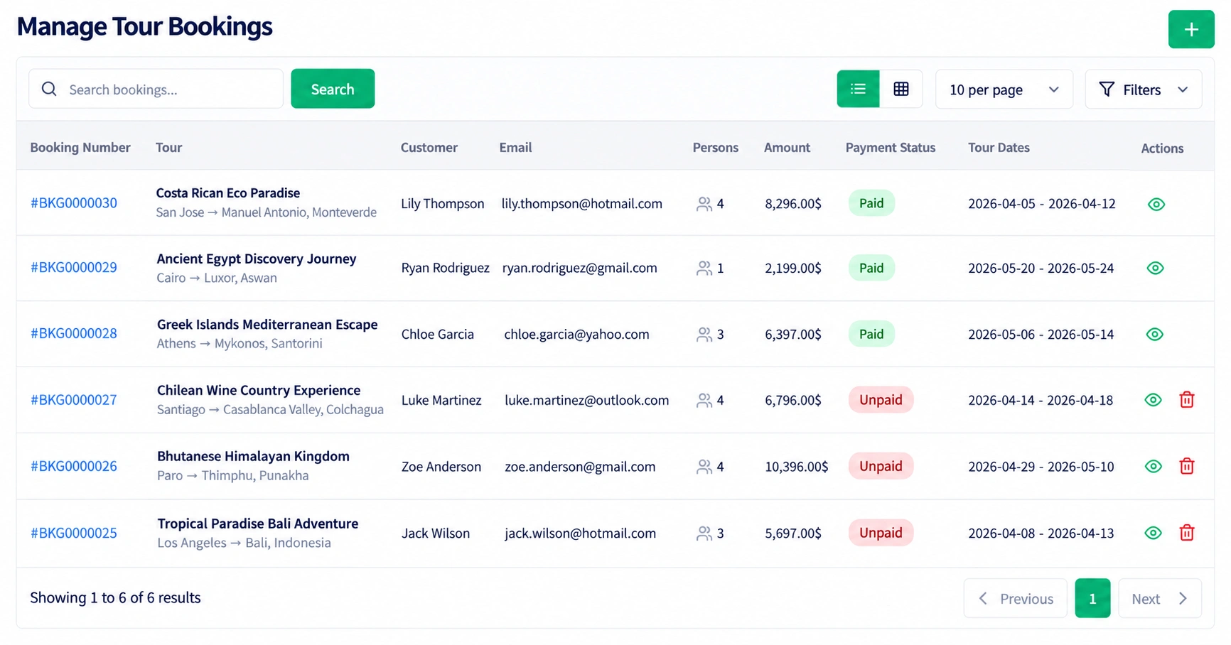 Tour bookings list with payment status