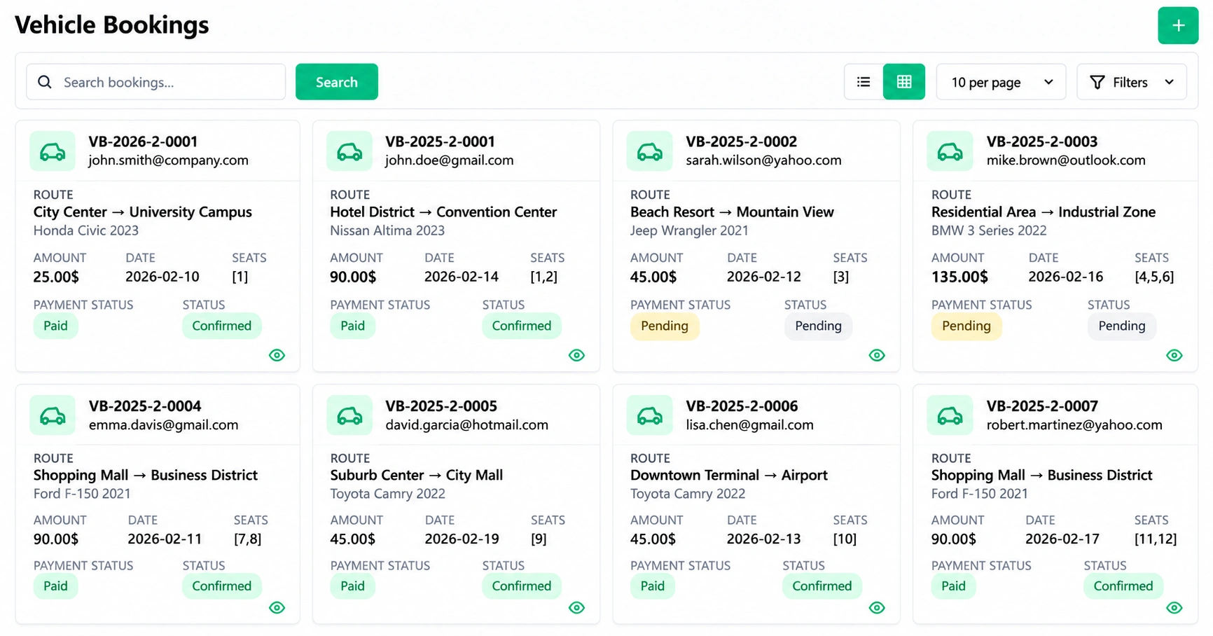 Vehicle transfer booking with seat selection