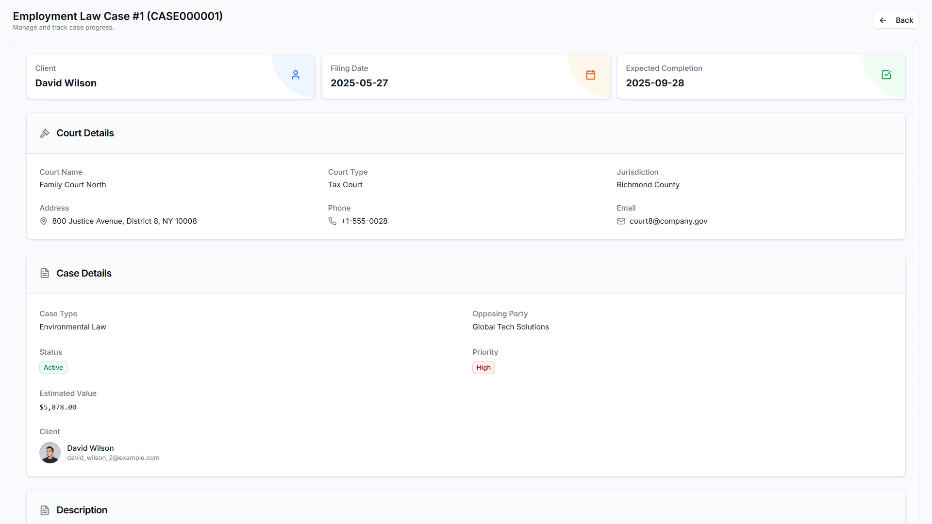Advocate SaaS case details screen