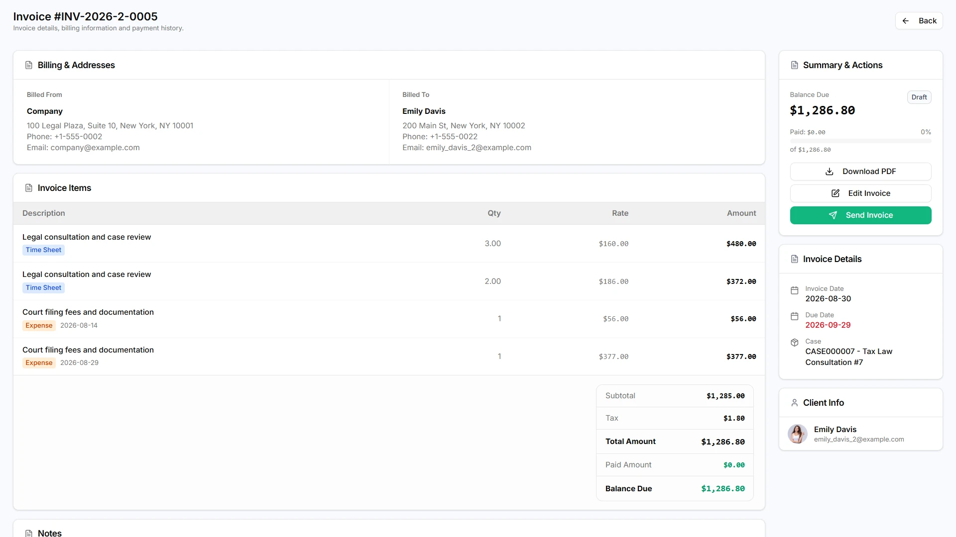 Advocate SaaS invoice screen