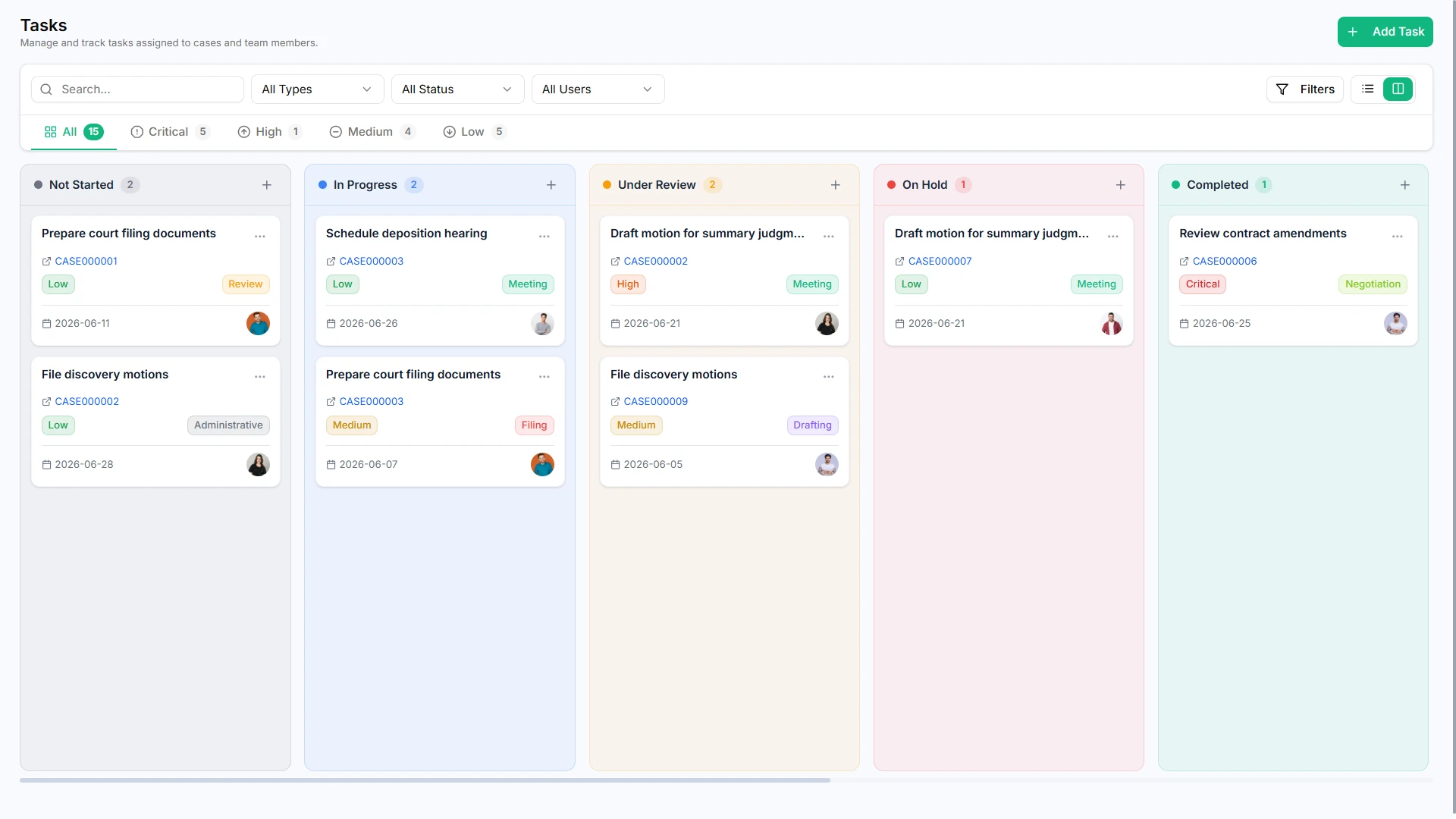 Advocate SaaS case tasks board screen