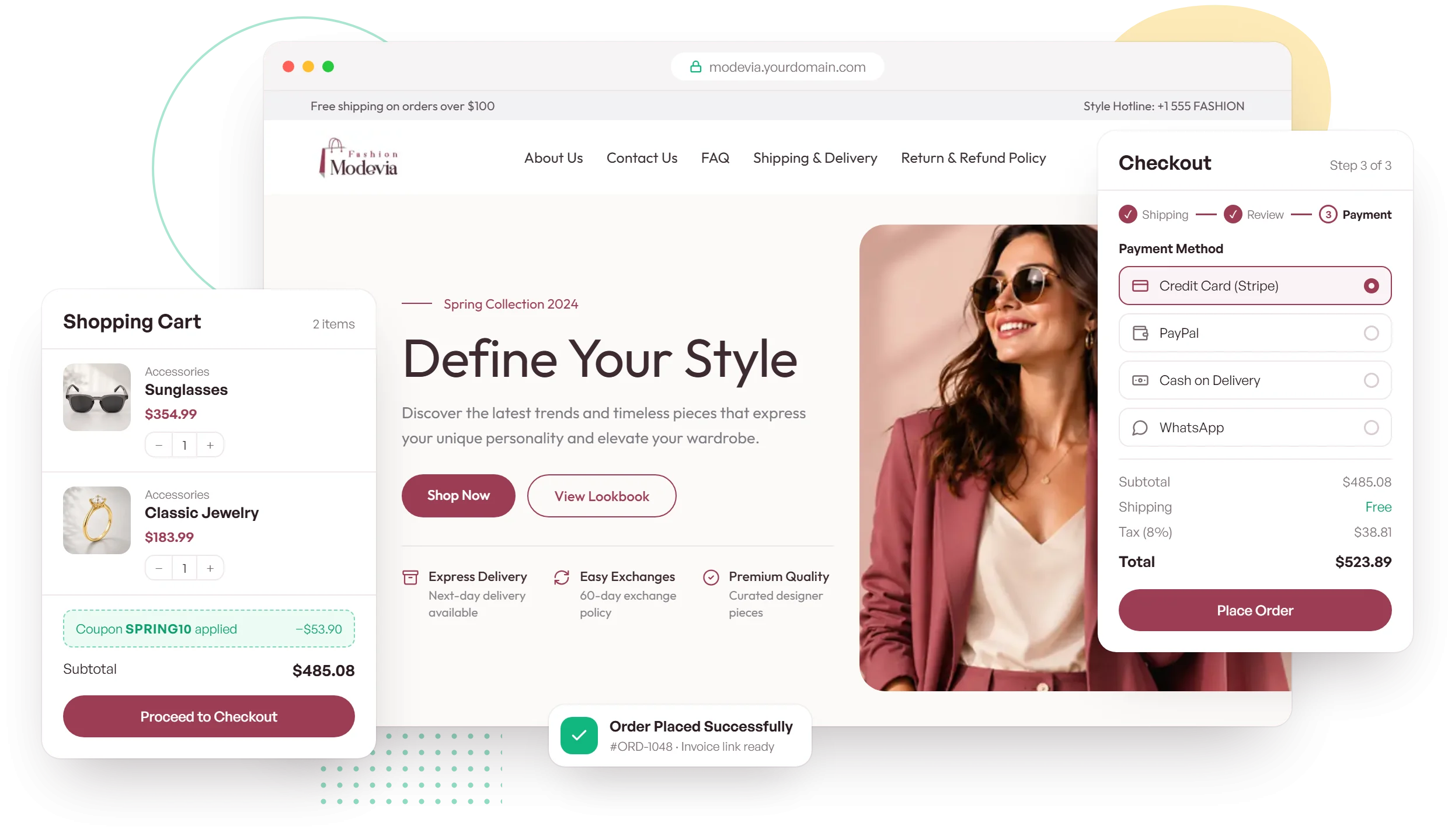StoreGo SaaS fashion store with shopping cart and checkout