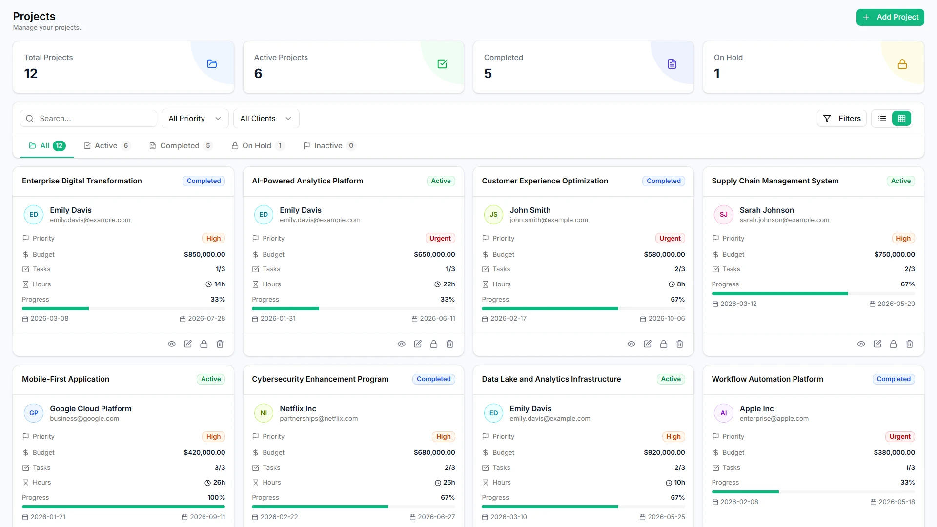 Task projects screen