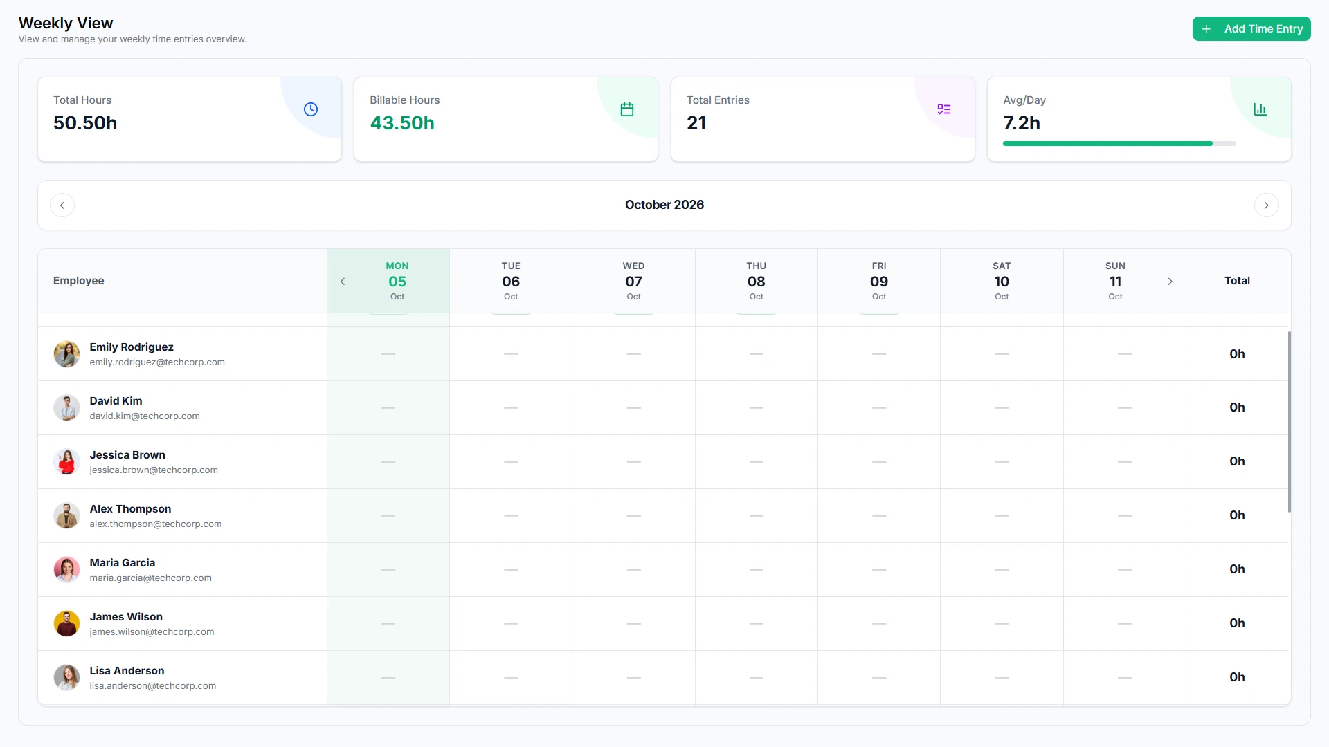 Taskly weekly timesheet screen