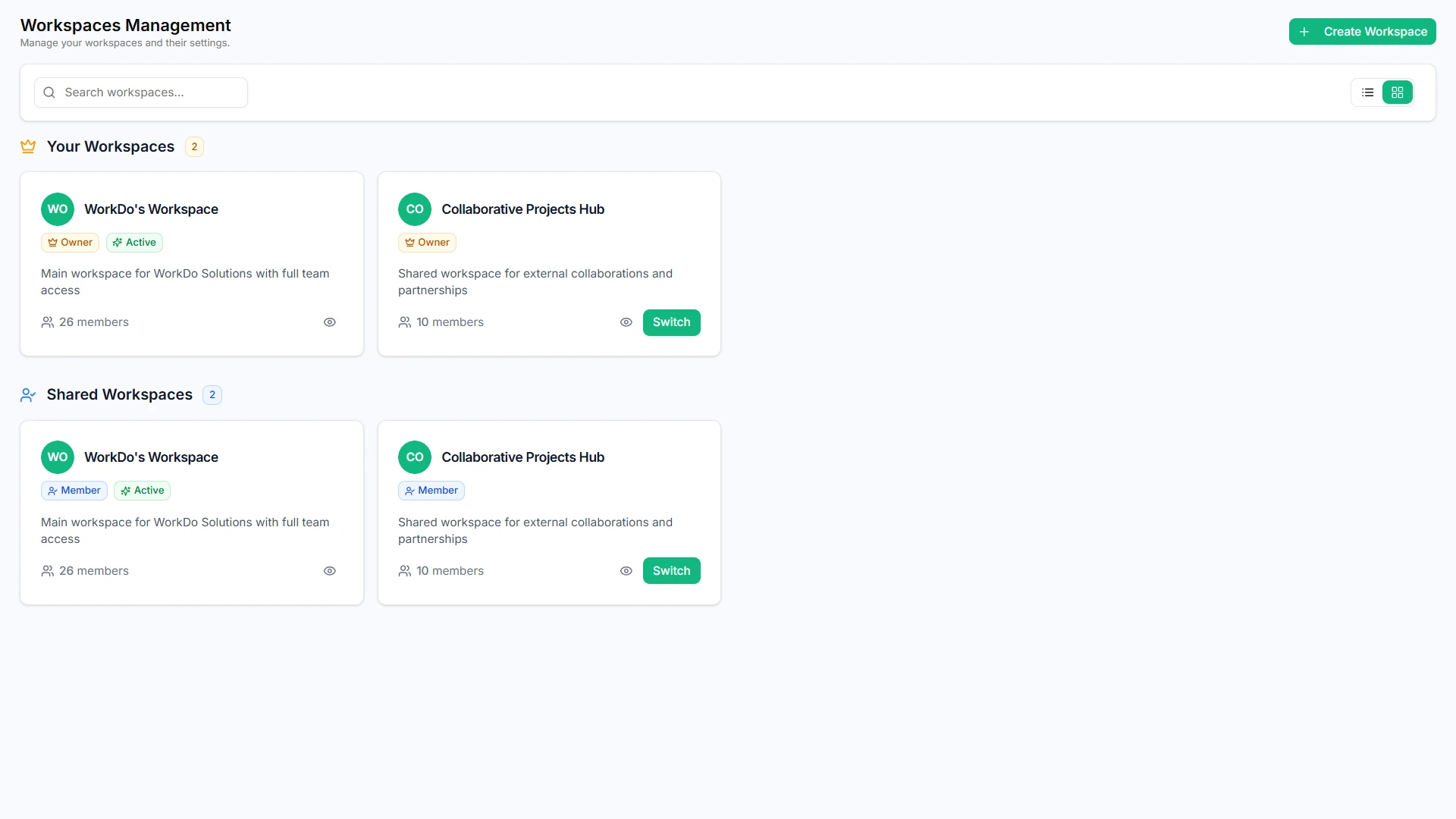 Taskly workspaces screen